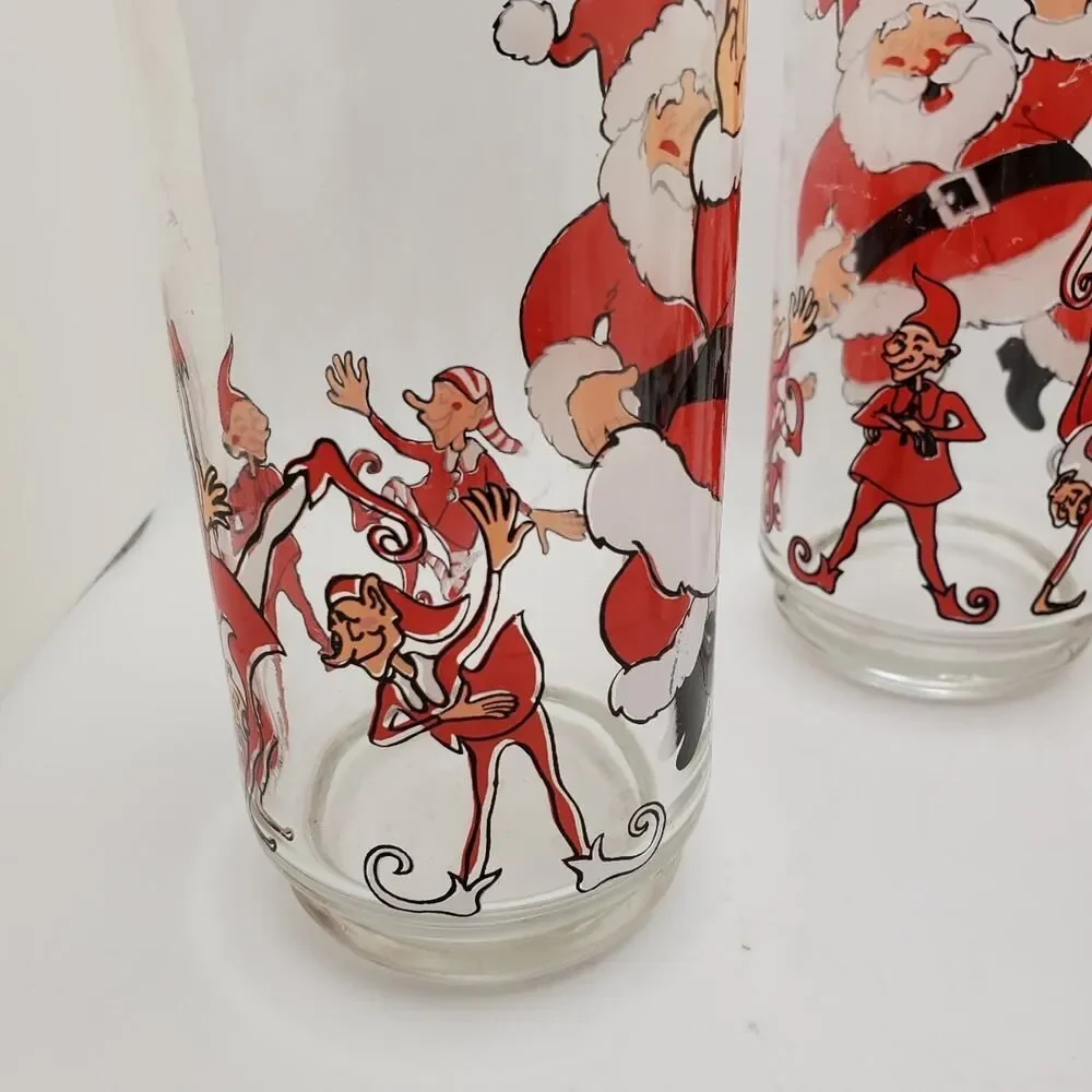 Vintage Christmas Santa Claus and Elves Drinking Glasses Set of 3 Tumblers